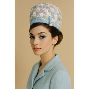 Vintage 1960s Womens Dress Hat Raffia Ribbon Woven Pastels Easter Wedding Derby